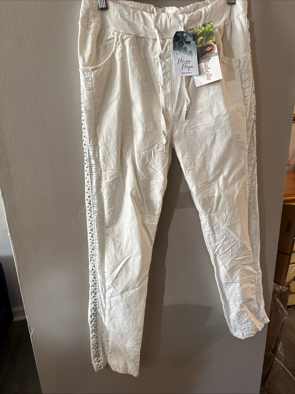NWT MISS MYA WOMEN PANTS M White Elastic Waist Made Italy Jl26